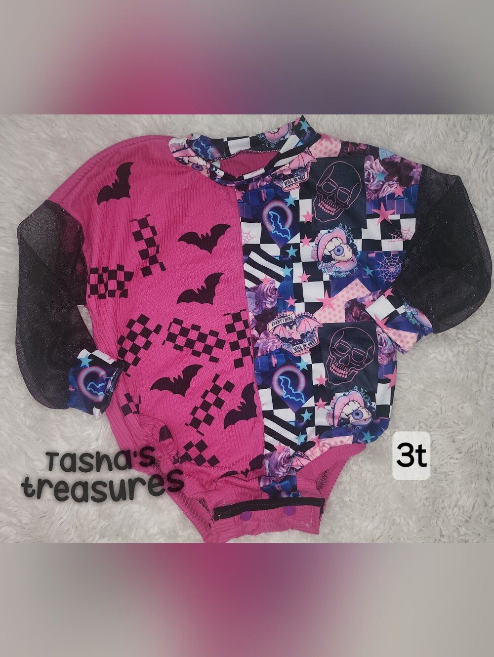 3t Handmade Sweater Romper Spooky Mesh Sleeves Sparkle Bats Skulls Colorful